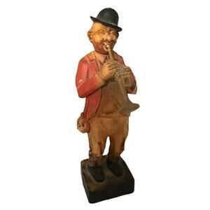 Black Forest Resin Figurine Musician Horn Player Mid Century West Germany 6 Inch